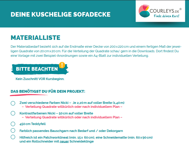 Materialliste Sofadecke