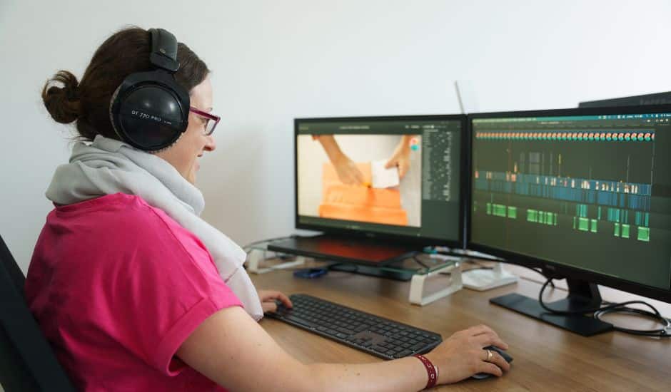 Juliane sitzt an ihrem Arbeitsplatz und schneidet ein Video.
