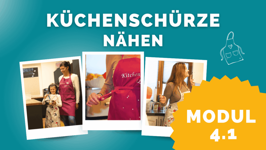 Frau und Kind tragen selbstgenähte Schürzen in der Küche – Courleys Nähkurs