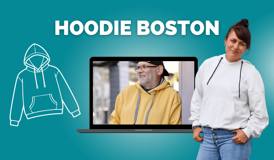 Schnittmuster Hoodie Boston von Meine Herzenswelt mit Bauchtasche und Videoanleitung