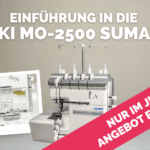Grafik zur Einführung in die Juki MO-2500 Sumato mit Overlockmaschine, Detailansicht des Greiferbereichs und Hinweis auf ein zeitlich begrenztes Kursangebot