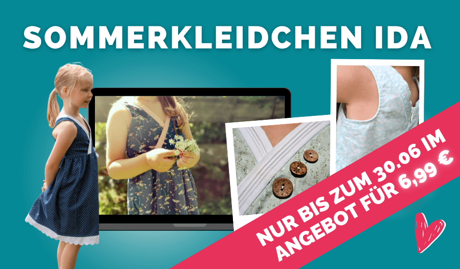 Titelgrafik zum Nähkurs „Sommerkleidchen Ida“ mit verschiedenen Kinderkleidern und Detailaufnahmen von Ausschnitt und Knopfverschluss und Angebotshinweis