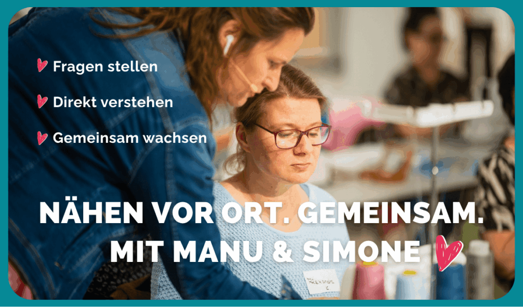 Kursleiterin Manu unterstützt eine Teilnehmerin direkt an der Overlock während eines Präsenzkurses und erklärt einen Arbeitsschritt